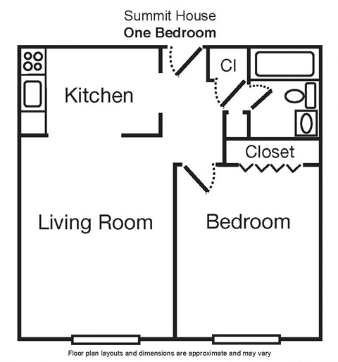Floor plan for 1 bed, 1 bath